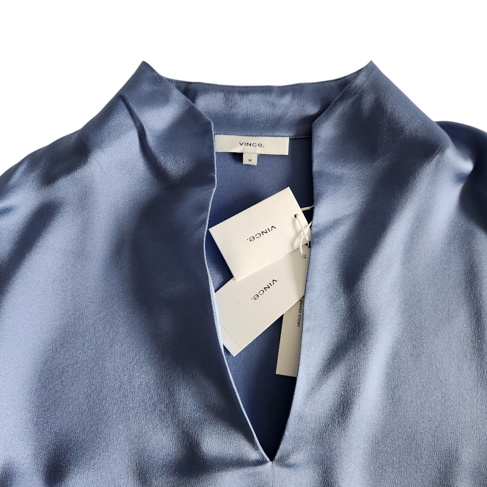 Vince Silk Long Sleeve Blouse Size Medium Coastal Blue New With Tags Retail $375 - Picture 8 of 12